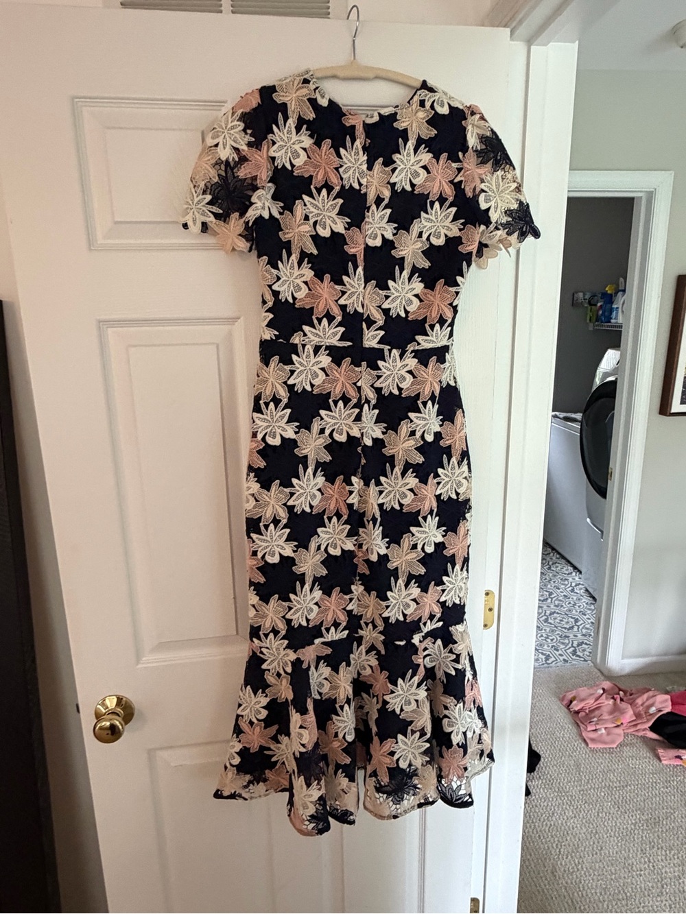 Shoshanna Navy Midi Dress with Pink and Cream Floral Lace - Picture 3 of 4